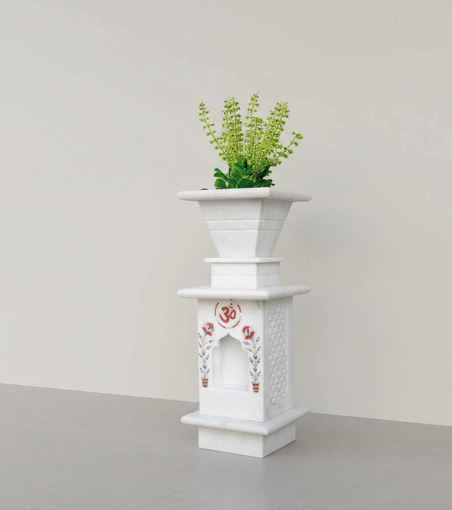 RAJASTHANIDUNIYAA Handcrafted Pure White Marble Tulsi Pot | Traditional Tulsi Vrindavan Planter for Home & Garden | Vastu Compliant Holy Basil Kota with Intricate Hand-Painted Carvings & Drainage Hole