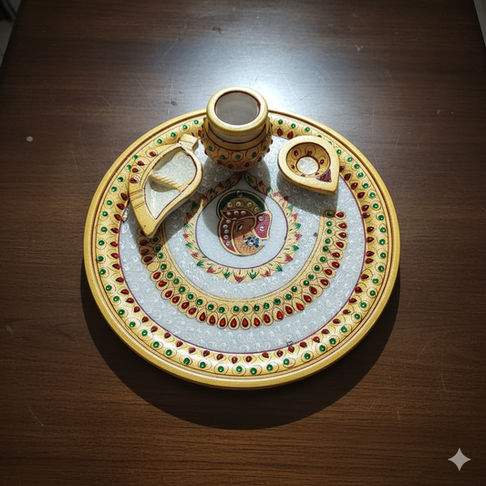RajasthaniDuniyaa 9-Inch Designer Decorative Marble Pooja Thali – Handcrafted Round Puja Plate with Golden Meenakari Work, Diya, Chopra & Kalash (Multicolor)