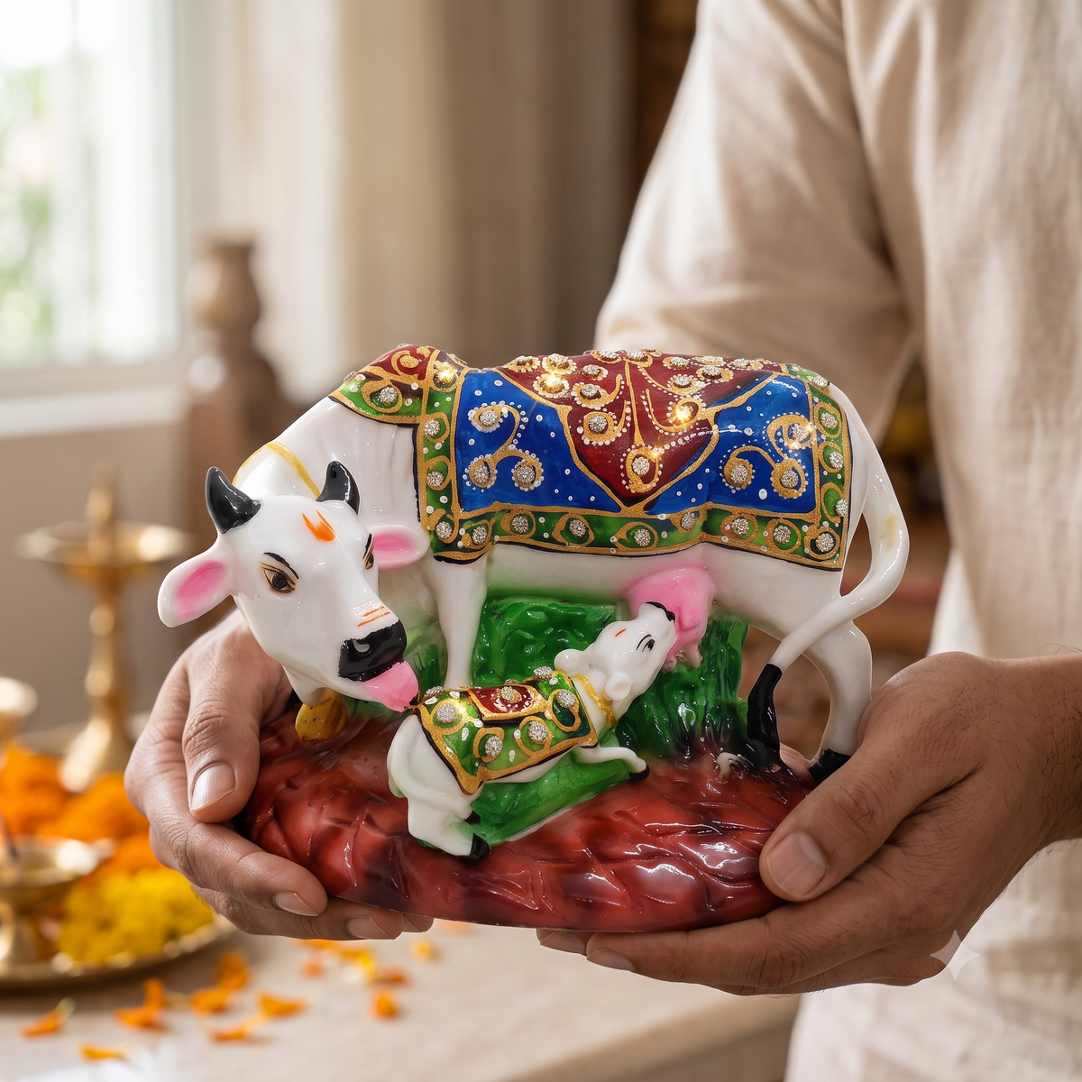Handcrafted Royal Meenakari White Resin Kamdhenu Cow and Calf Idol with Multicolor Carpet Jhool & Kundan Work (7 Inch Width) – Sacred Gau Mata Murti for Mandir, Vastu Serenity, Living Room Decor & Griha Pravesh Gifting
