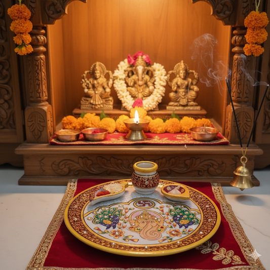 9" Marble Pooja Thali – Handcrafted with Ganesh & Peacock Design | Rajasthani Duniyaa