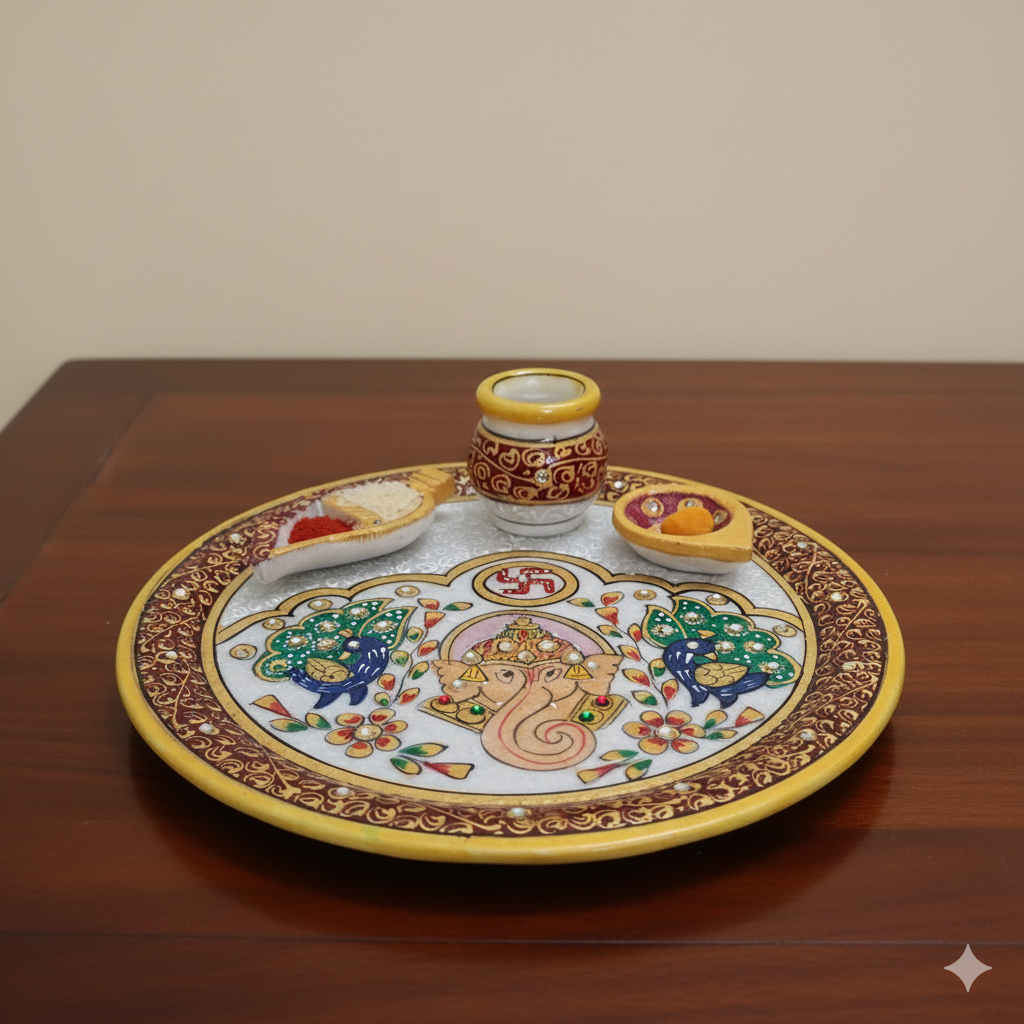 9" Marble Pooja Thali – Handcrafted with Ganesh & Peacock Design | Rajasthani Duniyaa