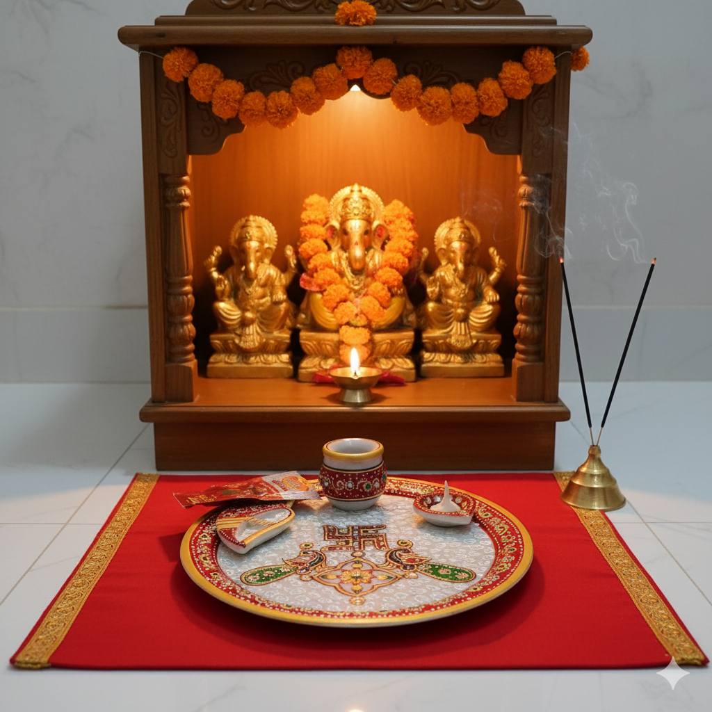 9" Handcrafted Marble Pooja Thali – Red Border with Swastik & Peacock Motif | Rajasthani Duniyaa