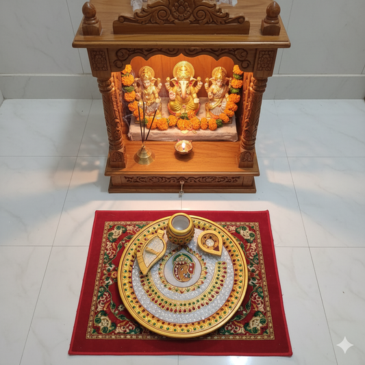 RajasthaniDuniyaa 9-Inch Designer Decorative Marble Pooja Thali – Handcrafted Round Puja Plate with Golden Meenakari Work, Diya, Chopra & Kalash (Multicolor)