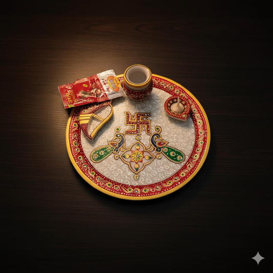 9" Handcrafted Marble Pooja Thali – Red Border with Swastik & Peacock Motif | Rajasthani Duniyaa