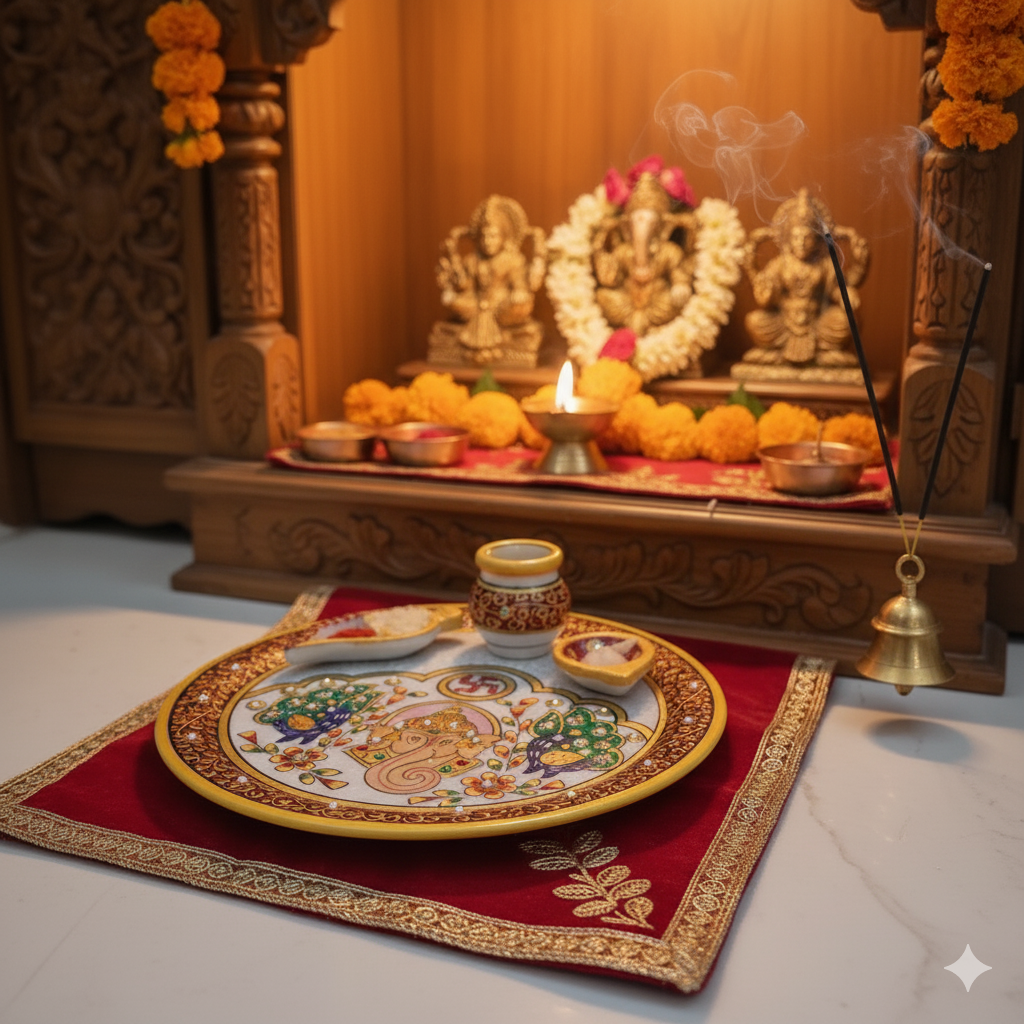 9" Marble Pooja Thali – Handcrafted with Ganesh & Peacock Design | Rajasthani Duniyaa