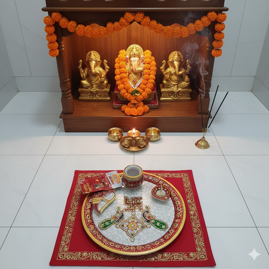 9" Handcrafted Marble Pooja Thali – Red Border with Swastik & Peacock Motif | Rajasthani Duniyaa