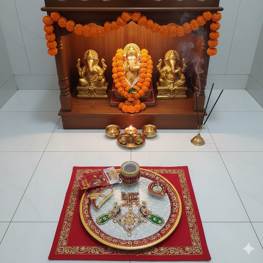 9" Handcrafted Marble Pooja Thali – Red Border with Swastik & Peacock Motif | Rajasthani Duniyaa