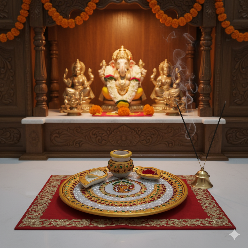 Handcrafted 9-inch designer decorative marble pooja thali with golden Meenakari work diya chopra and kalash