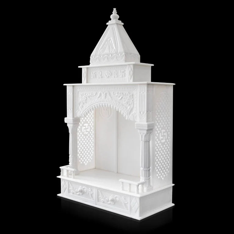 Spacious sanctum area of traditional white marble temple for pooja room
