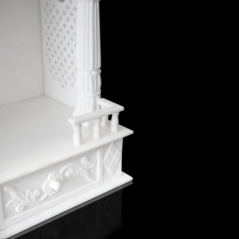 Spacious sanctum area of traditional white marble temple for pooja room