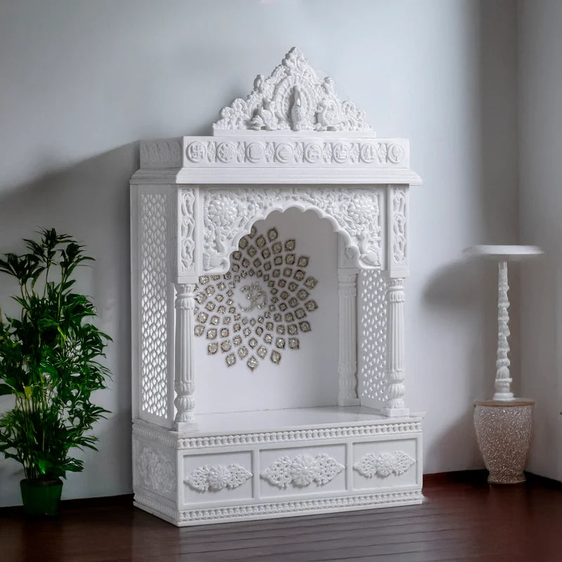 Front view of handcrafted white marble temple with golden chakra by Rajasthani Duniyaa