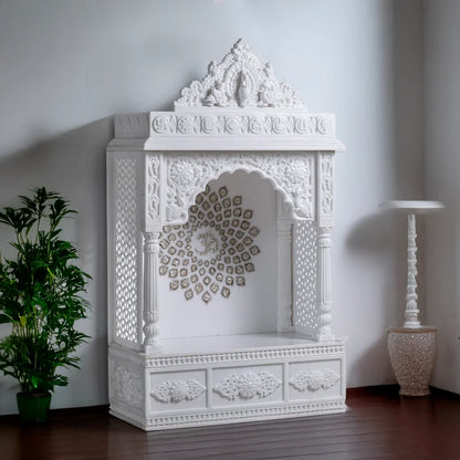 Front view of handcrafted white marble temple with golden chakra by Rajasthani Duniyaa