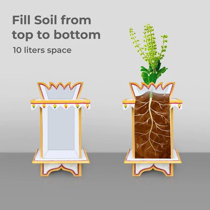 Side view of traditional painted marble Tulsi pot for balcony and garden decor
