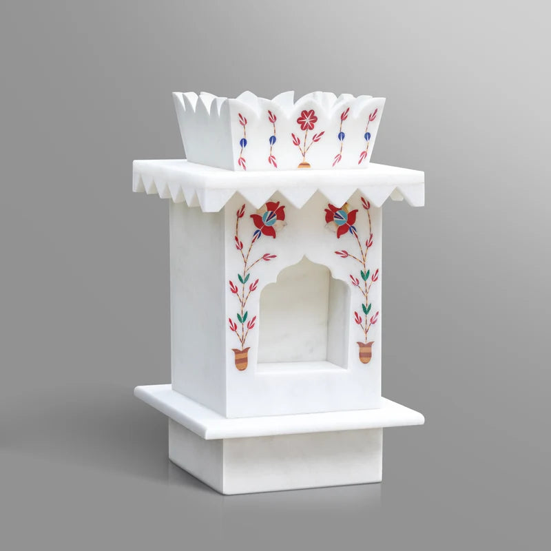 Close-up of gemstone inlay work on small white marble Tulsi planter