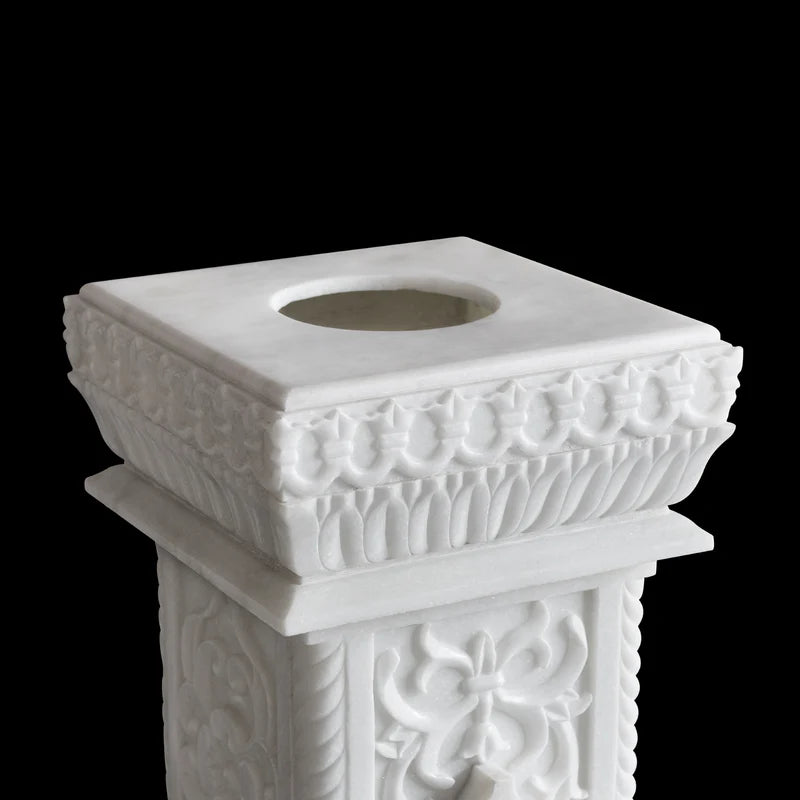 Carved white marble Tulsi pot placed for balcony and courtyard decor