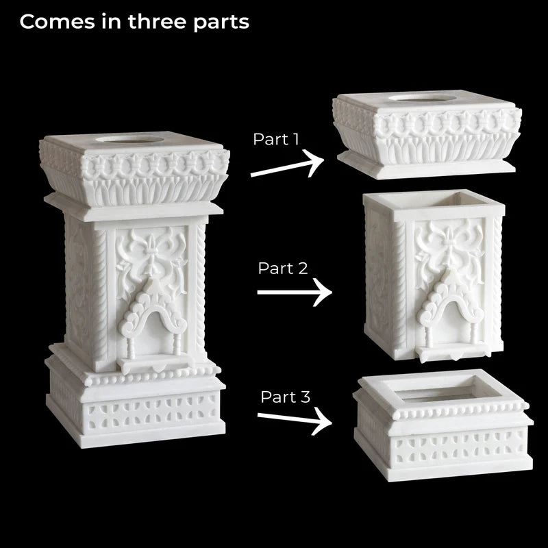Carved white marble Tulsi pot placed for balcony and courtyard decor