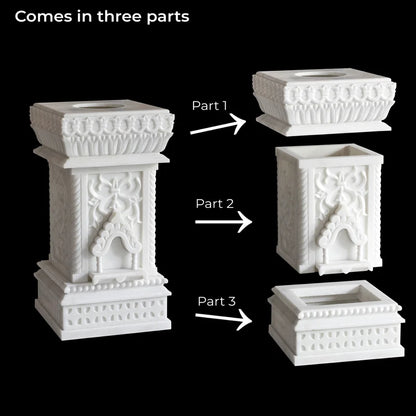 Carved white marble Tulsi pot placed for balcony and courtyard decor