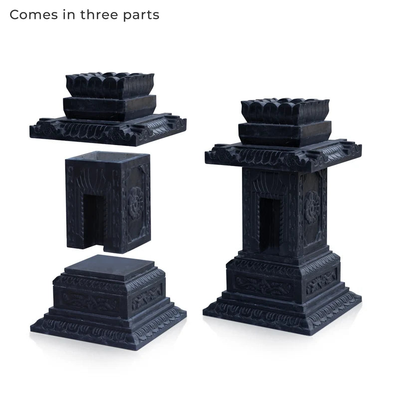 Carved black marble Tulsi pot placed for balcony and courtyard decor
