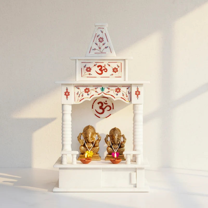 Front view of handcrafted 18-inch white marble temple with red inlay by Rajasthani Duniyaa