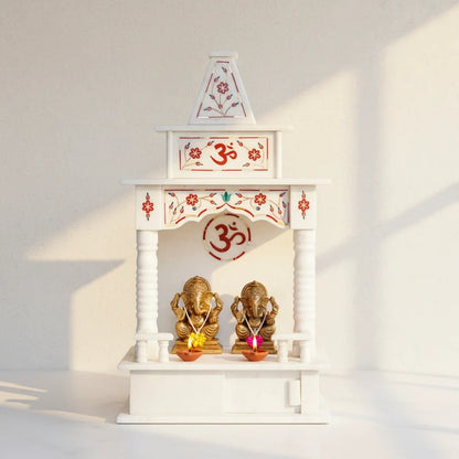 Front view of handcrafted 18-inch white marble temple with red inlay by Rajasthani Duniyaa
