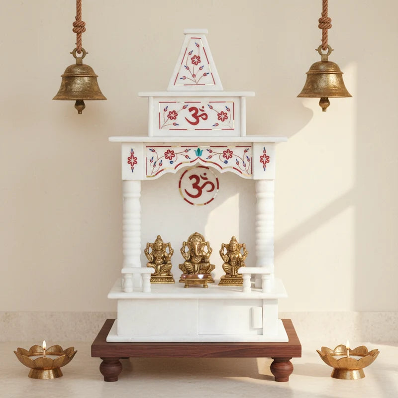 Front view of handcrafted 18-inch white marble temple with red inlay by Rajasthani Duniyaa