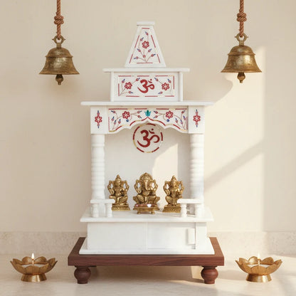 Front view of handcrafted 18-inch white marble temple with red inlay by Rajasthani Duniyaa