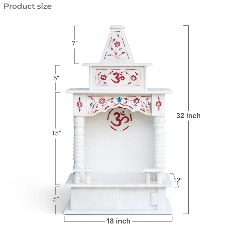Front view of handcrafted 18-inch white marble temple with red inlay by Rajasthani Duniyaa