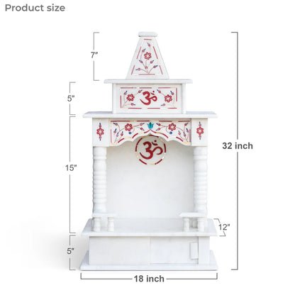 Front view of handcrafted 18-inch white marble temple with red inlay by Rajasthani Duniyaa