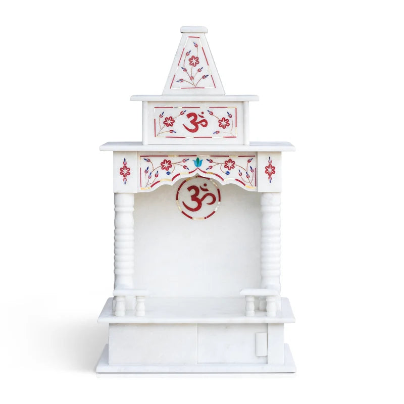 Front view of handcrafted 18-inch white marble temple with red inlay by Rajasthani Duniyaa