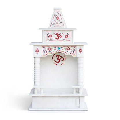 Front view of handcrafted 18-inch white marble temple with red inlay by Rajasthani Duniyaa