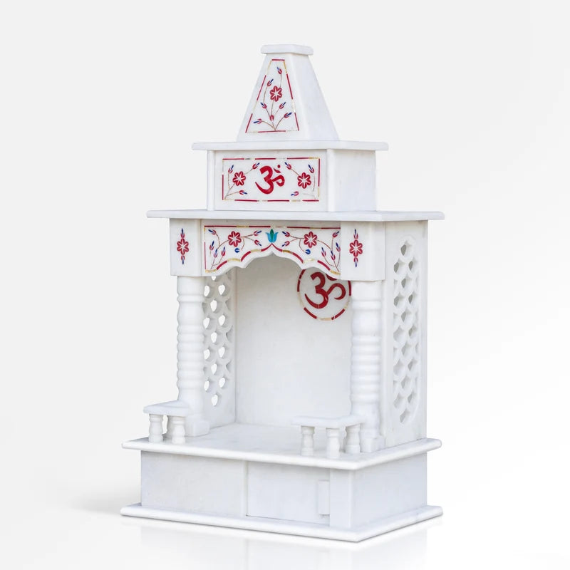 Side view of handcrafted 18-inch white marble temple with red inlay by Rajasthani Duniyaa