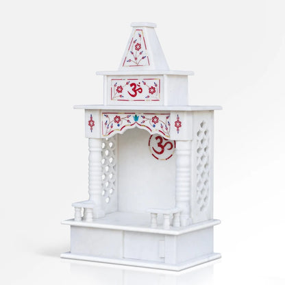 Side view of handcrafted 18-inch white marble temple with red inlay by Rajasthani Duniyaa