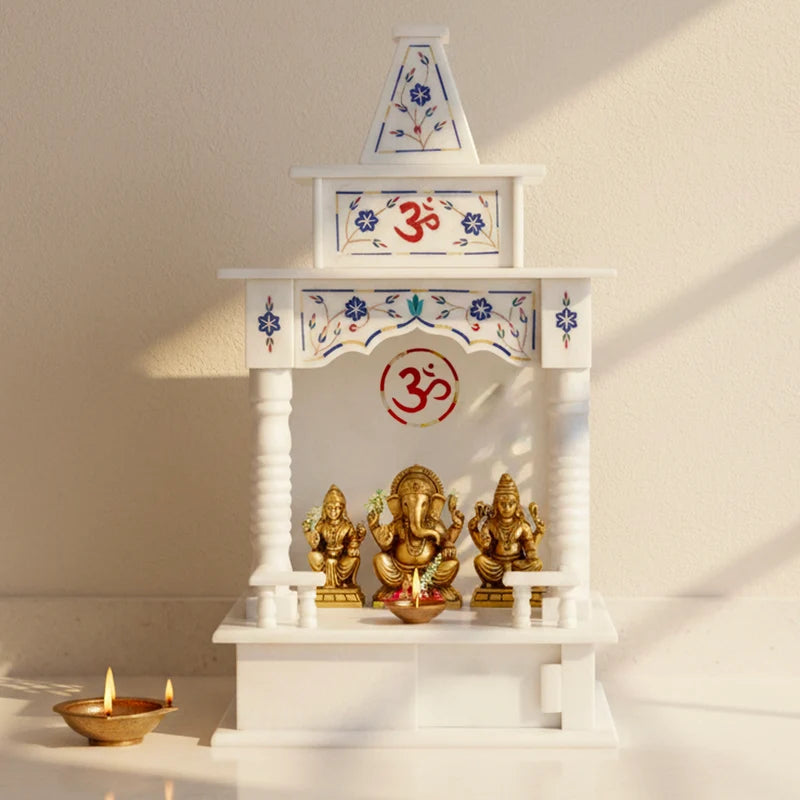 Inner sanctum view of traditional 18-inch blue inlay marble mandir