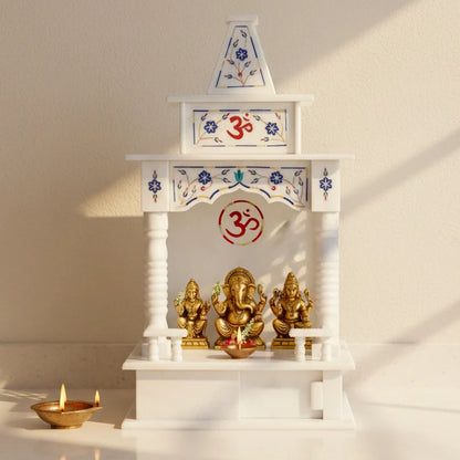Inner sanctum view of traditional 18-inch blue inlay marble mandir