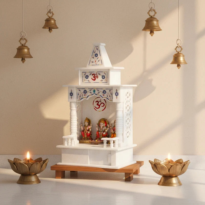 Inner sanctum view of traditional 18-inch blue inlay marble mandir