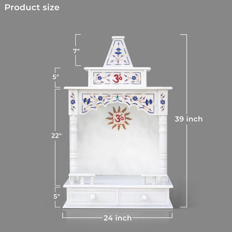 Close-up of stunning blue inlay and intricate traditional carving on a white marble home mandir