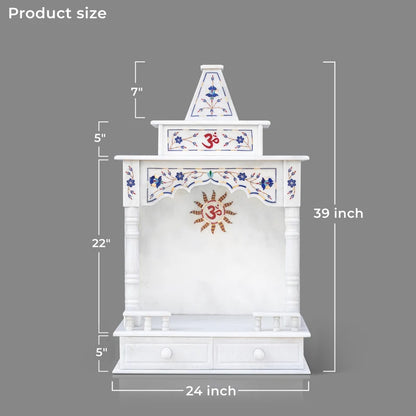 Close-up of stunning blue inlay and intricate traditional carving on a white marble home mandir
