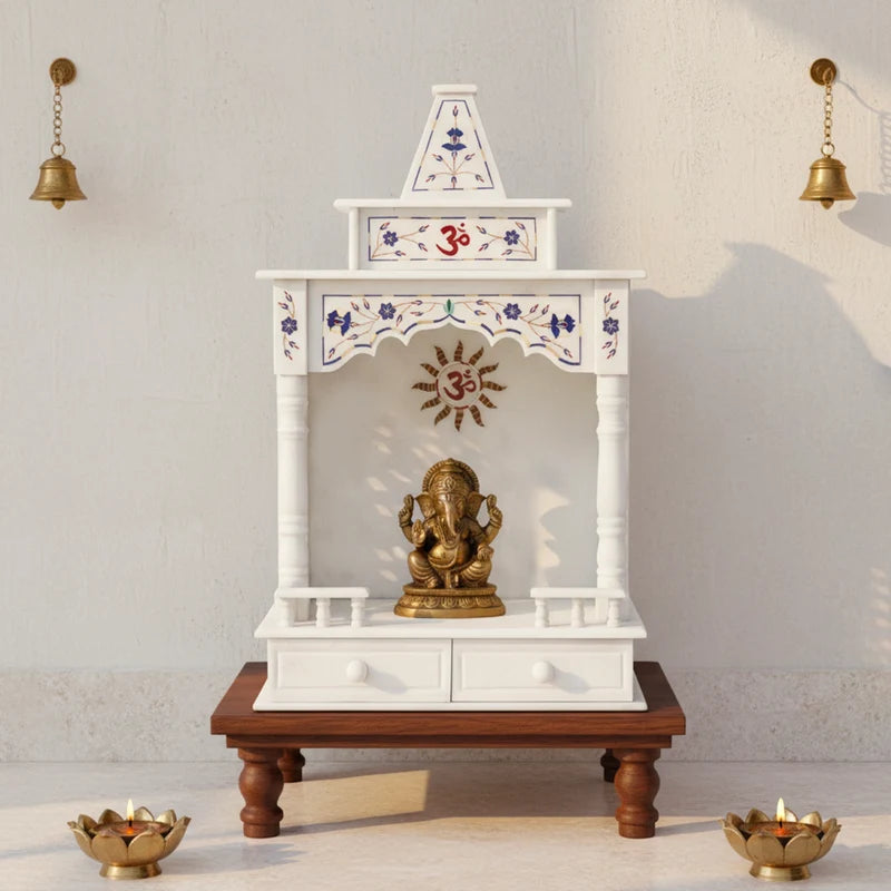 Handcrafted bespoke white marble home temple with intricate carving and blue inlay work