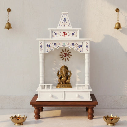 Handcrafted bespoke white marble home temple with intricate carving and blue inlay work