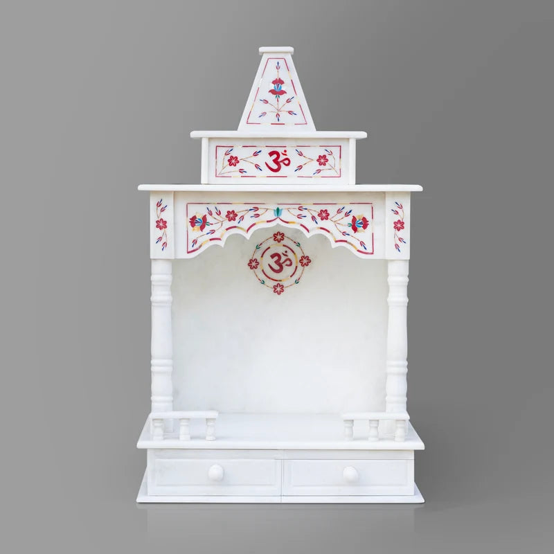 Premium pure natural white marble highlighting auspicious red inlay detailing and smooth polish