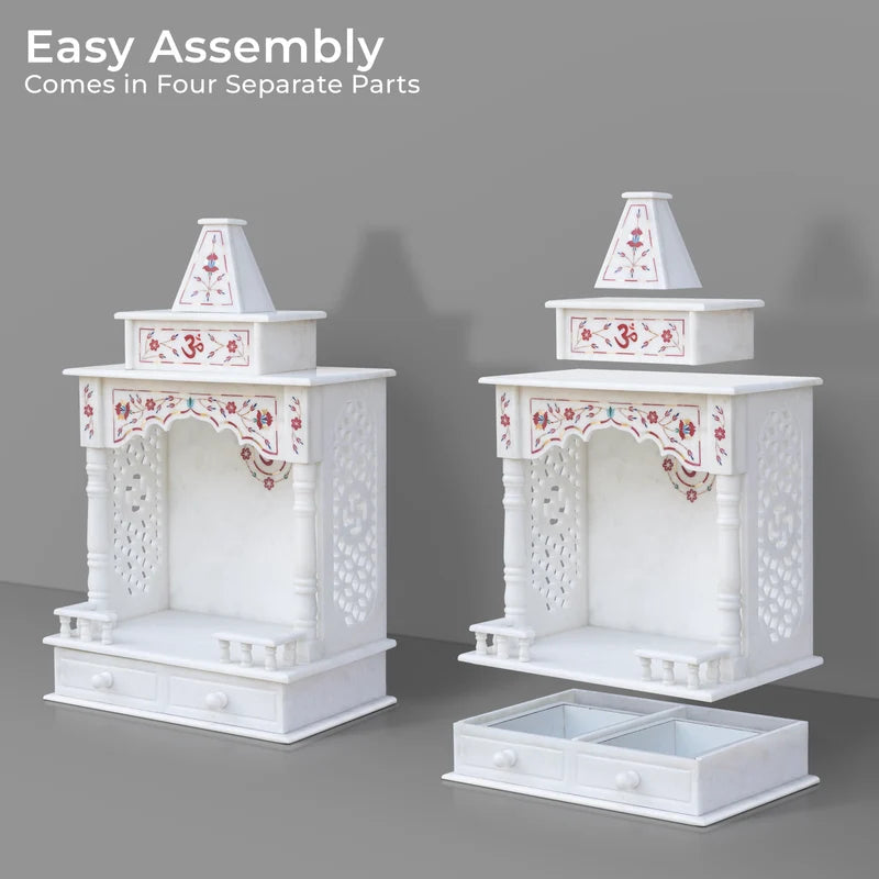 Premium pure natural white marble highlighting auspicious red inlay detailing and smooth polish