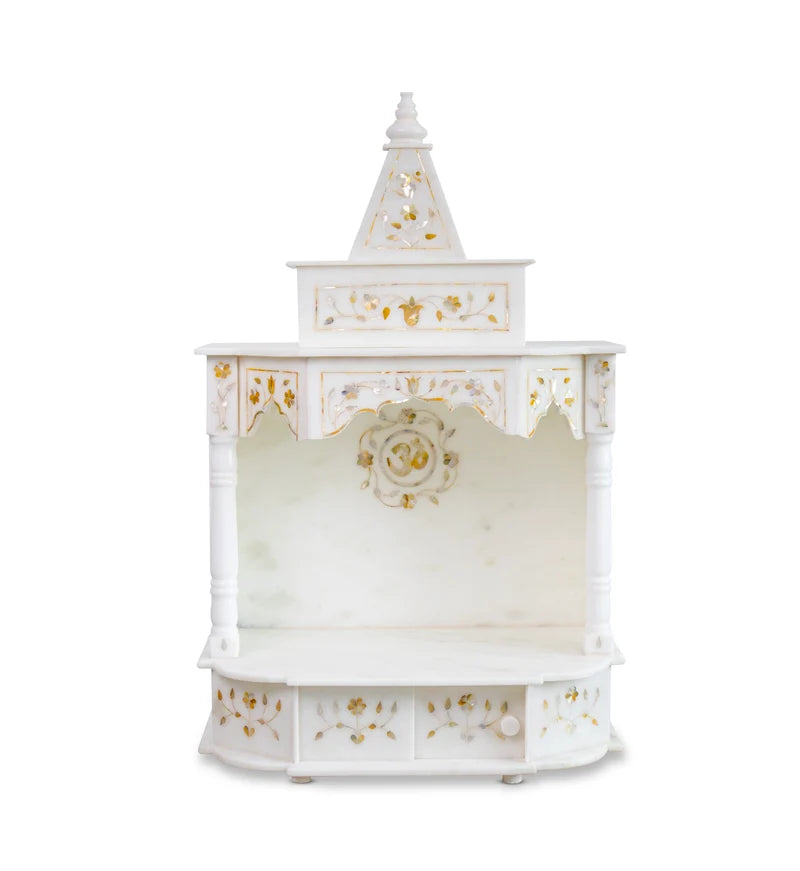 Premium pure natural white marble highlighting auspicious golden inlay detailing and smooth polish