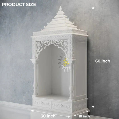 Close-up of Surya carving and pillars on marble pooja mandir