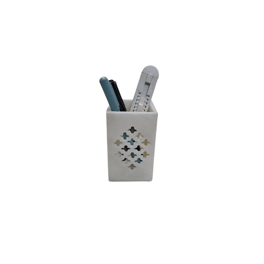 Rajasthani Duniyaa Handcrafted White Marble Pen Stand – Jali Design Desk Organizer