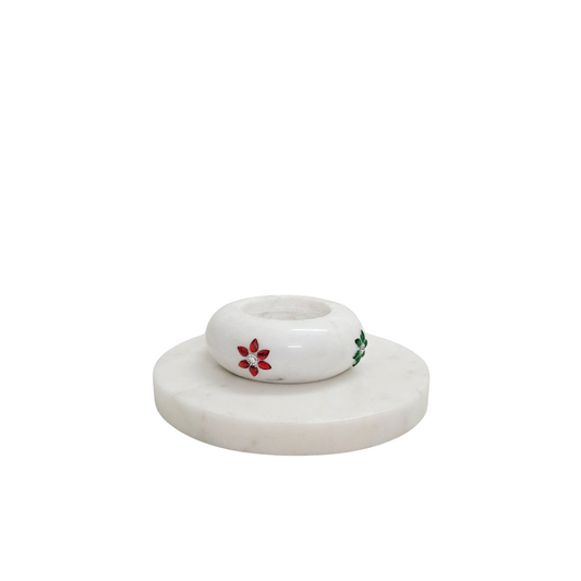 Marble Candle Stand Set | 5" Plate + 3" Dibbi | Gemstone Studded | Handcrafted