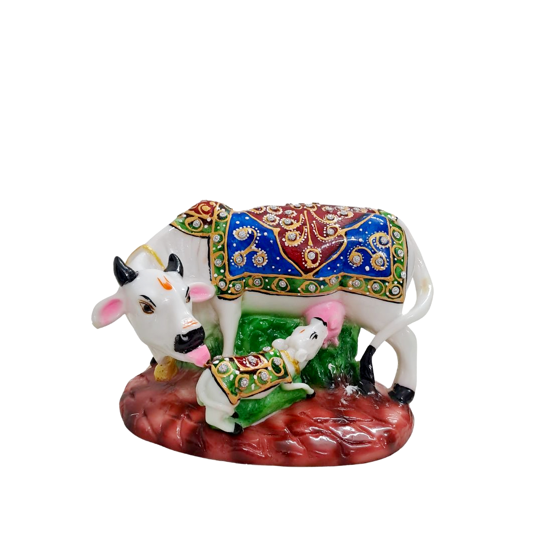 7" White Resin Kamdhenu Cow & Calf Idol with Decorative Carpet | Elegant Pooja Décor