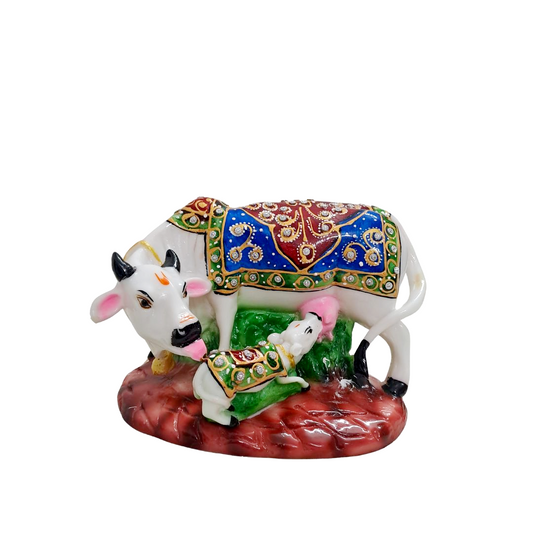 7" White Resin Kamdhenu Cow & Calf Idol with Decorative Carpet | Elegant Pooja Décor