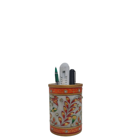 Hand-Painted Marble Pen Stand – Floral Design by Rajasthani Duniyaa