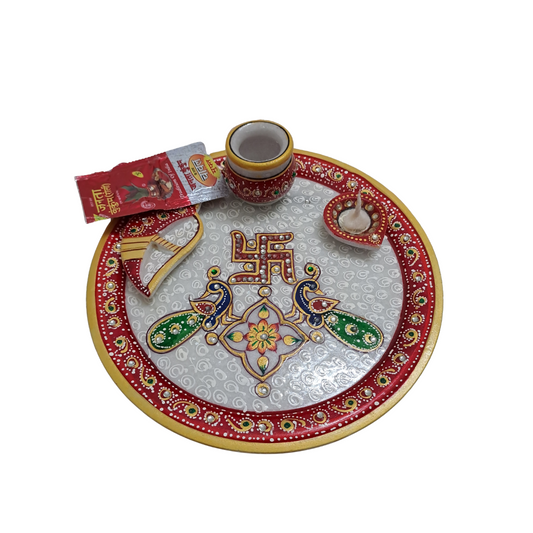 9" Handcrafted Marble Pooja Thali – Red Border with Swastik & Peacock Motif | Rajasthani Duniyaa