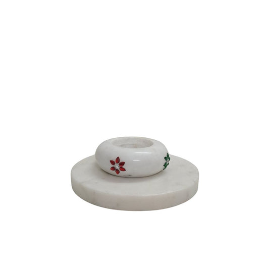 Marble Candle Stand Set | 5" Plate + 3" Dibbi | Gemstone Studded | Handcrafted